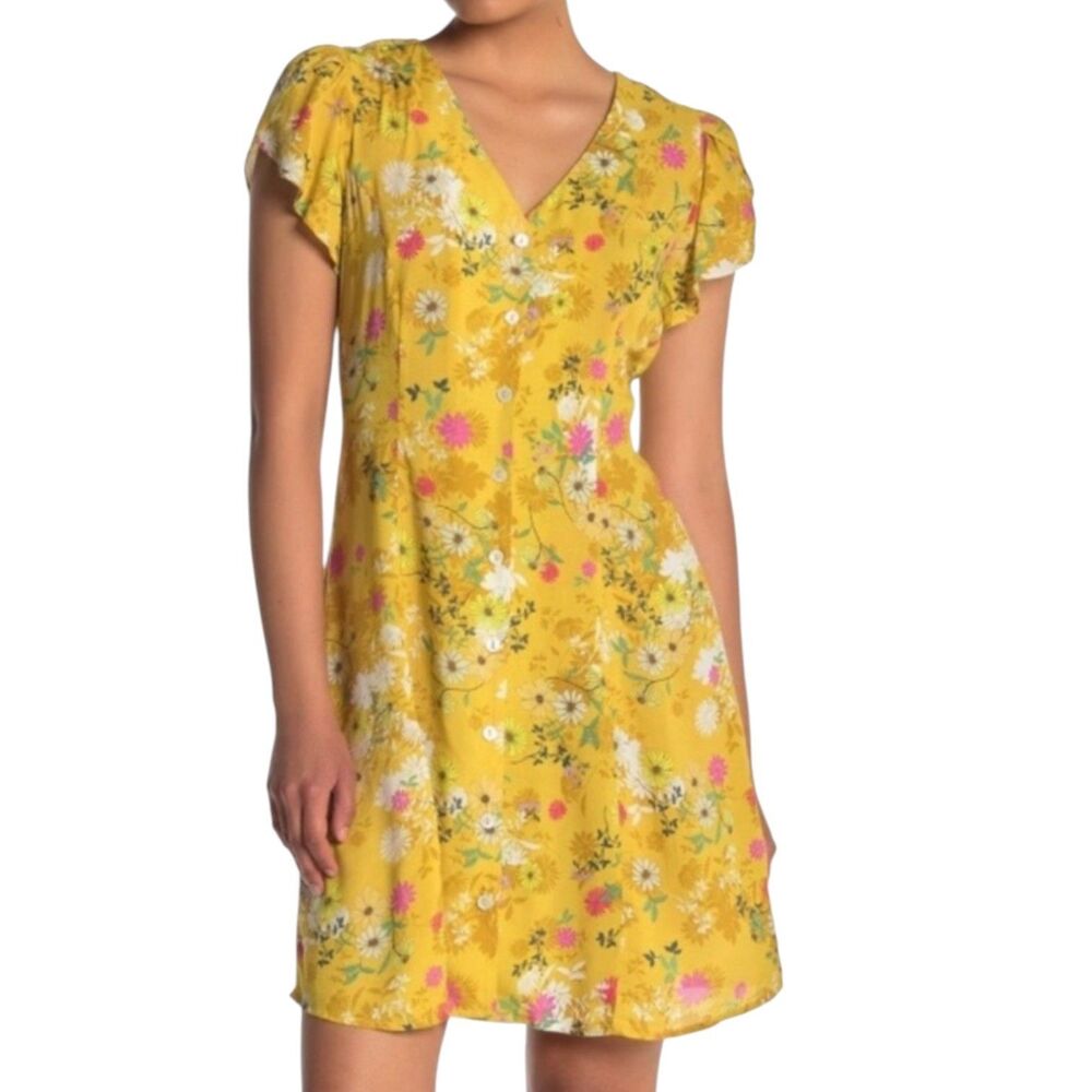 Velvet By Graham & Spencer Anthropologie Kirstan Shirt Dress Floral Yellow XS